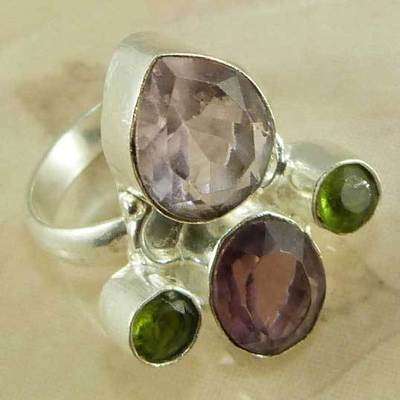 PINK TOPAZ, AMETHYST & PERIDOT NATURAL GEMSTONE 925 SILVER RING #8