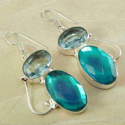 CKB CUT AQUA BLUE MYSTIC TOPAZ, AQUAMARINE QUARTZ NATURAL GEMS 925 SILVER EARRINGS 2.25"