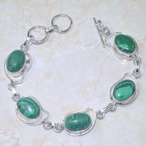 GORGEOUS GREEN MALACHITE NATURAL GEMSTONE 925 SILVER BRACELET 7.5-8.5"