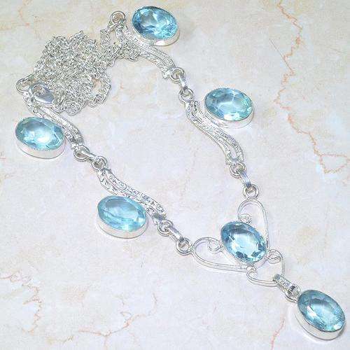 EXCEPTIONAL AQUAMARINE BLUE QUARTZ NATURAL GEMSTONE 925 SILVER NECKLACE 22"
