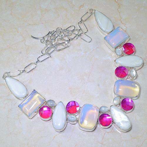 SPECTACULAR MOTHER OF PEARL, PINK MYSTIC TOPAZ, OPALITE NATURAL GEMSTONE 925 SILVER NECKLACE 22"