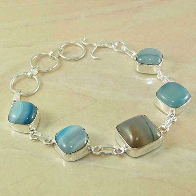 BEAUTIFUL BLUE BANDED AGATE NATURAL GEMSTONE 925 SILVER BRACELET 8.25"