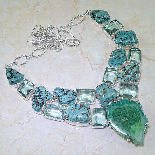 DRUZY, TURQUOISE, GREEN AMETHYST (PRASIOLITE) NATURAL GEMSTONE 925 SILVER NECKLACE 21"