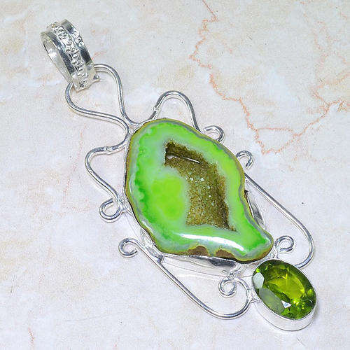 EYE CATCHING DRUZY & PERIDOT QUARTZ NATURAL GEMSTONE 925 SILVER PENDANT 3.25"