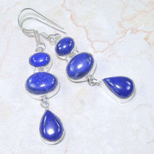MAJESTIC LAPIS LAZULI WITH PYRITE FLECKS NATURAL GEMSTONE 925 SILVER DROP EARRINGS 2.5"