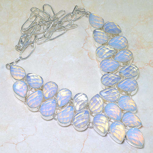 HARD TO GET IN THIS SIZE IN CHECKERBOARD CUT - OPALITE NATURAL GEMSTONE 925 SILVER NECKLACE 20.5"