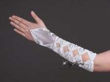 White Wedding Pearl Gathered Fingerless Satin Bridal Gloves 12" - O.C 010