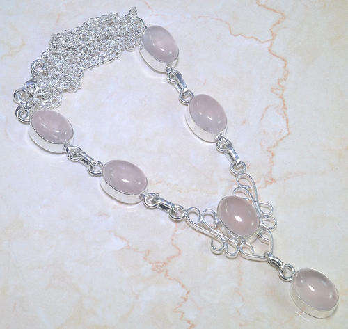 ENCHANTING PINK ROSE QUARTZ NATURAL GEMSTONE 925 SILVER NECKLACE 21.25"