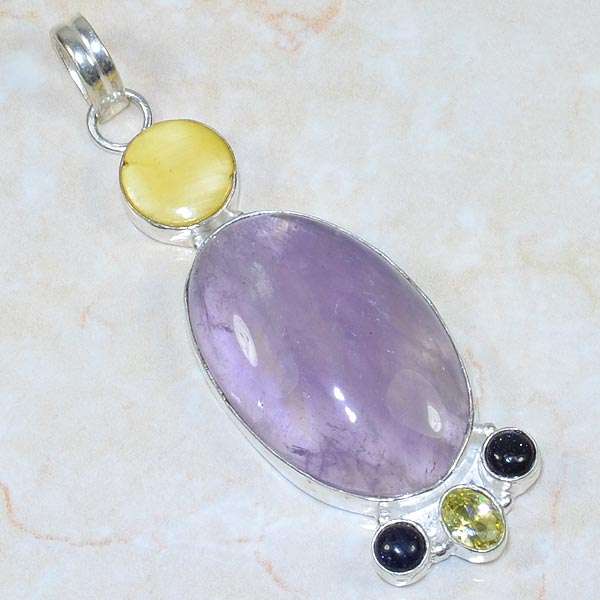 AMETHYST, PEARL, BLUE SUN SITARA, CITRINE NATURAL GEMSTONE 925 SILVER PENDANT 3"