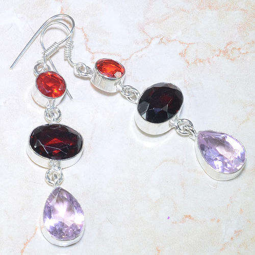 PYROPE GARNET RED QUARTZ, ORANGE QUARTZ, PINK QUARTZ NATURAL GEMSTONE 925 SILVER EARRINGS 2.75"