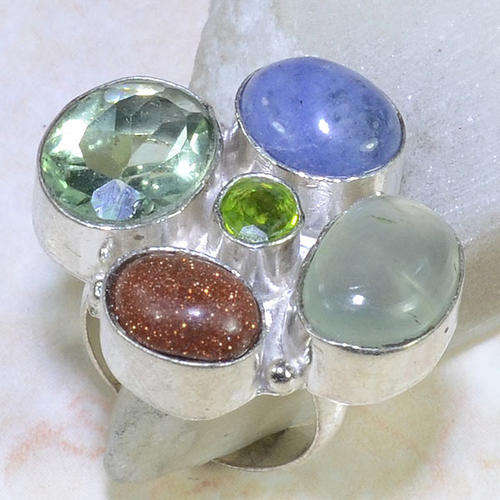 BARGAIN!!! PREHNITE, KYANITE, SITARA, PERIDOT GREEN QUARTZ NATURAL GEMSTONE 925 SILVER RING #6.5