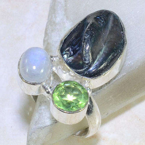 BARGAIN!!! BAROQUE PEARL,RAINBOW MOONSTONE, PERIDOT GREEN QUARTZ NATURAL GEMS 925 SILVER RING #9.5