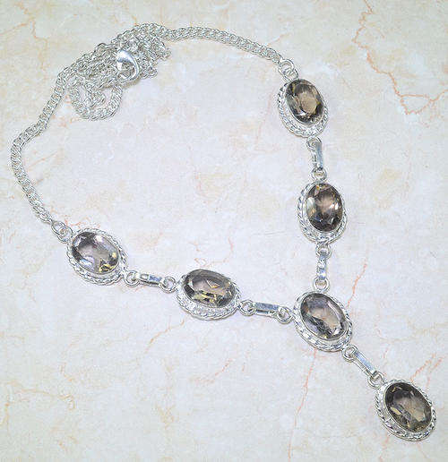 GORGEOUS SMOKY QUARTZ NATURAL GEMSTONE 925 SILVER NECKLACE 20.5"