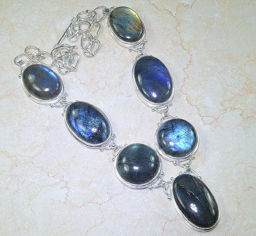 TOP QUALITY BLUE FIRE LABRADORITE NATURAL GEMSTONE 925 SILVER NECKLACE 20.5"