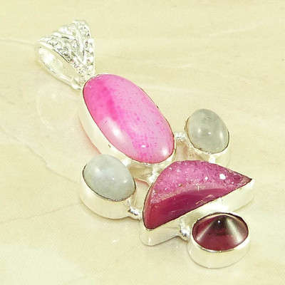 AGATE, DRUZY, RAINBOW MOONSTONE, PYROPE GARNET RED QUARTZ NATURAL GEMSTONE 925 SILVER PENDANT 2.5"