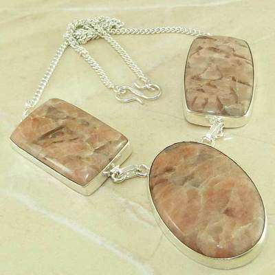 CAPTIVATING BRECCIATED PINK JASPER NATURAL GEMSTONE 925 SILVER NECKLACE 16"