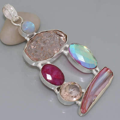 EARTH MINED RUBY, PINK/AQUA MYSTIC TOPAZ & OTHER NATURAL GEMSTONE 925 SILVER PENDANT 2.75"