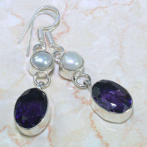REGAL PURPLE AMETHYST & RIVER PEARL NATURAL GEMSTONES 925 SILVER EARRINGS 2"