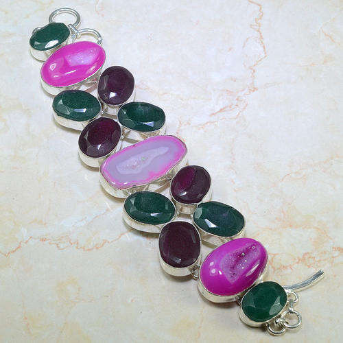 DRUZY, EARTH MINED FACETED RUBY & EMERALD NATURAL PRECIOUS GEMSTONE 925 SILVER BRACELET 7.25-8"