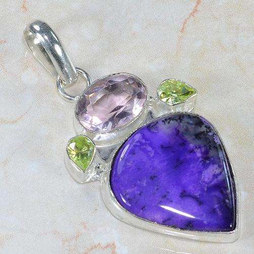 DENDRITIC OPAL, PINK TOPAZ, PERIDOT GREEN QUARTZ NATURAL GEMSTONE 925 SILVER PENDANT 2.25"