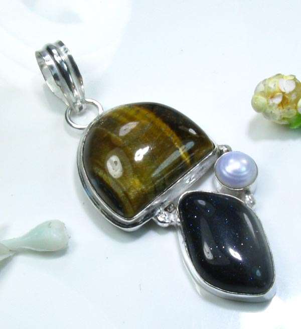 TIGERS EYE, RIVER PEARL, BLUE SUN SITARA NATURAL GEMSTONE 925 SILVER PENDANT 2.25"
