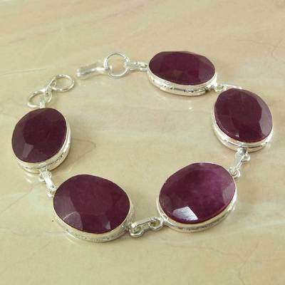 100% NATURAL EARTH MINED FACETED BLOOD RED RUBY PRECIOUS GEMSTONE 925 SILVER BRACELET 7.75-8.25"