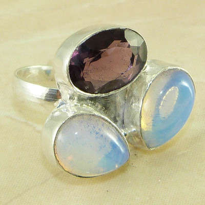 GLOWING OPALITE & AMETHYST NATURAL GEMSTONE 925 SILVER RING #8.5
