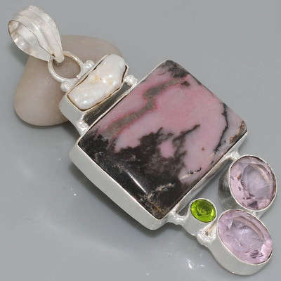 LARGE RHODONITE, PINK QUARTZ, PERIDOT GREEN QUARTZ, PEARL NATURAL GEMSTONE 925 SILVER PENDANT 2.75"