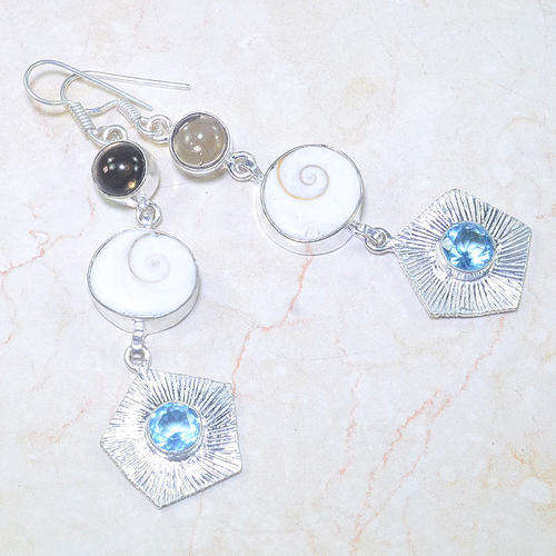 FANTASTIC SHIVA SHELL, SMOKY QUARTZ, BLUE QUARTZ NATURAL GEMSTONE 925 SILVER DROP EARRINGS 3.25"