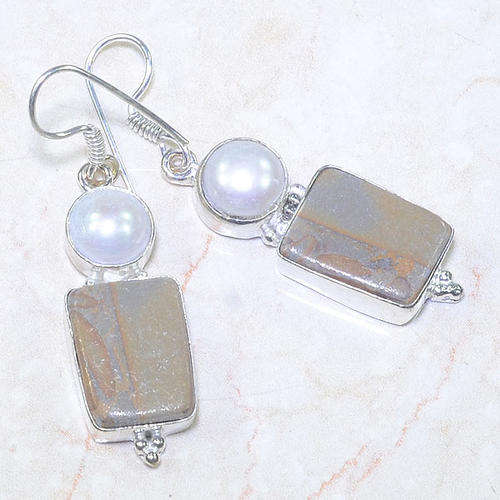 MARVELOUS AUTUMN JASPER & RIVER PEARL NATURAL GEMSTONE 925 SILVER EARRINGS 2"