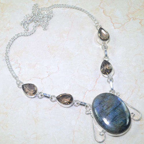 GORGEOUS BLUE FIRE LABRADORITE & SMOKY QUARTZ NATURAL GEMSTONE 925 SILVER NECKLACE 20"