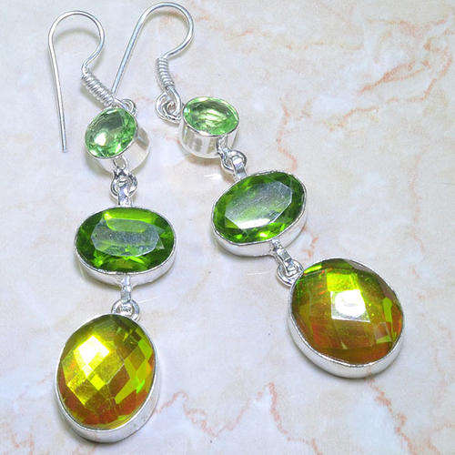 GREEN/YELLOW MYSTIC TOPAZ, PERIDOT GREEN QUARTZ NATURAL GEMSTONE 925 SILVER EARRINGS 2.75"