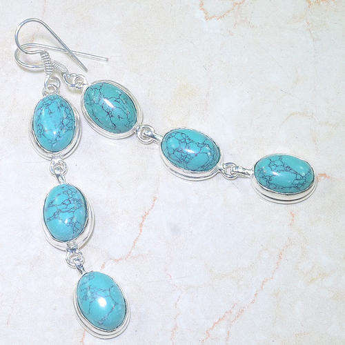 FABULOUS MEXICAN SPIDERWEB TURQUOISE GEMSTONE 925 SILVER DROP EARRINGS 3.25"