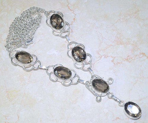 STUNNING SMOKY QUARTZ NATURAL GEMSTONE 925 SILVER NECKLACE 21.75"