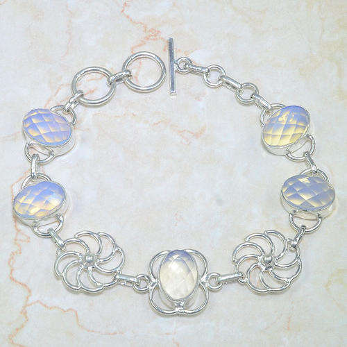 GORGEOUS CHECKERBOARD CUT FIERY OPALITE NATURAL GEMSTONE 925 SILVER BRACELET 7.75-8.5"