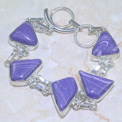 AMAZING PURPLE MOSAIC JASPER NATURAL GEMS 925 SILVER BRACELET 6.25-7"