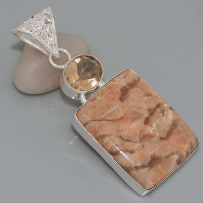 MAGNIFICENT JASPER & MORGANITE QUARTZ NATURAL GEMSTONE 925 SILVER PENDANT 2.25"