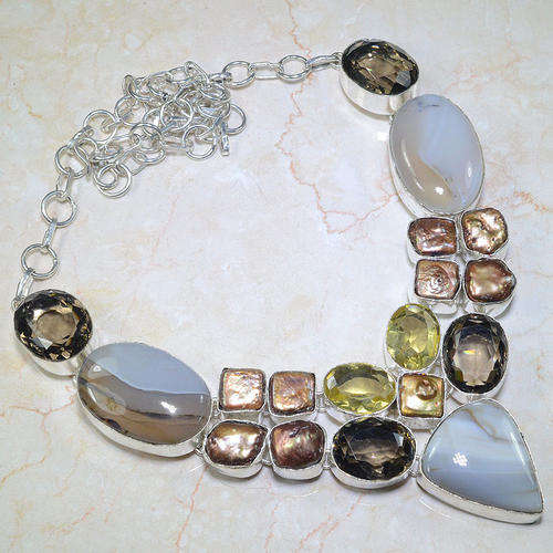 BOTSWANA AGATE, SMOKY QUARTZ & OTHER NATURAL GEMSTONE 925 SILVER NECKLACE 22"