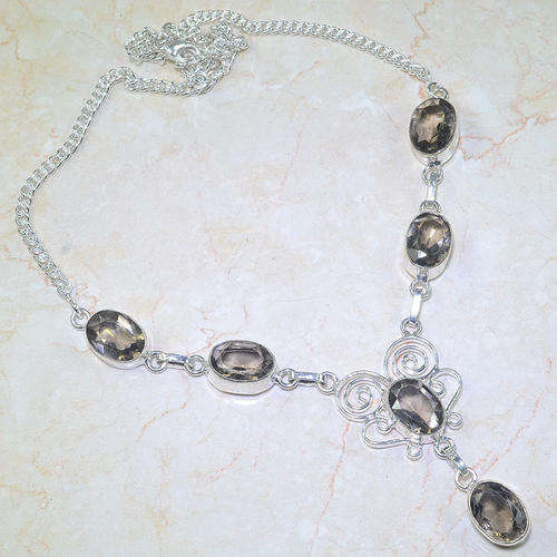 OUTSTANDING SMOKY QUARTZ NATURAL GEMSTONE 925 SILVER NECKLACE 19.5"