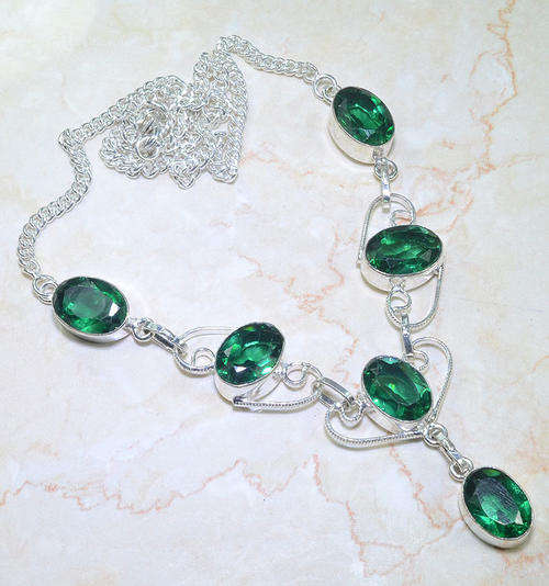 MAGNIFICENT DIOPSIDE GREEN QUARTZ NATURAL GEMSTONE 925 SILVER NECKLACE 19"