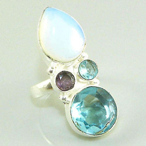 **R10 SPECIAL** FIERY OPALITE, BLUE QUARTZ NATURAL GEMSTONE 925 SILVER RING #8