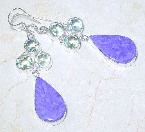 **R10 SPECIAL** CHAROITE & GREEN AMETHYST (PRASIOLITE) NATURAL GEMSTONE 925 SILVER EARRINGS 2."