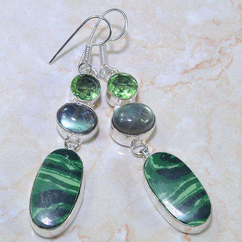 GREEN AMETHYST, LABRADORITE, MALACHITE NATURAL GEMSTONE 925 SILVER DROP EARRINGS 2.75"