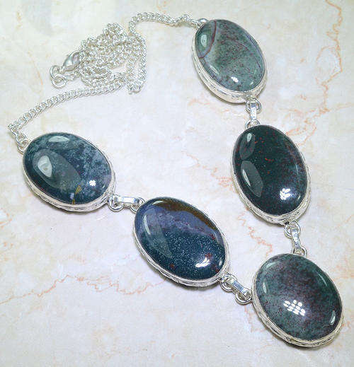 MYTHICAL AFRICAN BLOODSTONE NATURAL GEMSTONE 925 SILVER NECKLACE 21.25"