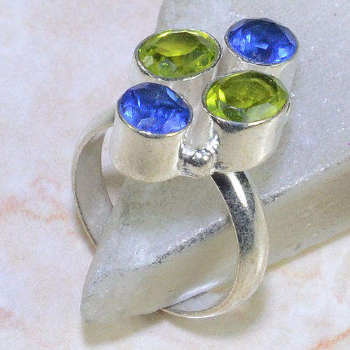 **R10 SPECIAL** PERIDOT GREEN QUARTZ, TANZANITE BLUE QUARTZ NATURAL GEMSTONE 925 SILVER RING #8.5