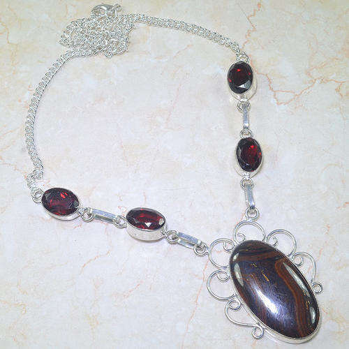 **R10 SPECIAL** IRON TIGERS EYE & PYROPE GARNET RED QUARTZ NATURAL GEMSTONE 925 SILVER NECKLACE 20"