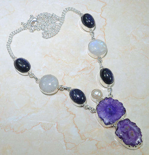 SOLAR QUARTZ, BLUE SUN SITARA, RIVER PEARL, MOONSTONE NATURAL GEMSTONE 925 SILVER NECKLACE 21.5"