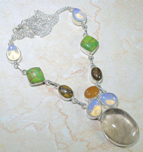 RUTILATED QUARTZ, OPALITE, COPPER TURQUOISE, TIGER EYE NATURAL GEMSTONE 925 SILVER NECKLACE 21.5"