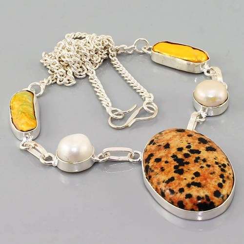 DALMATIAN JASPER, RIVER PEARL, BIWA PEARL NATURAL GEMSTONE 925 SILVER NECKLACE 17.75"