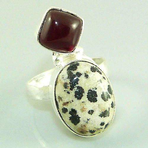 **R10 SPECIAL** DALMATIAN JASPER, DEEP WINE RED QUARTZ NATURAL GEMSTONE 925 SILVER RING #7